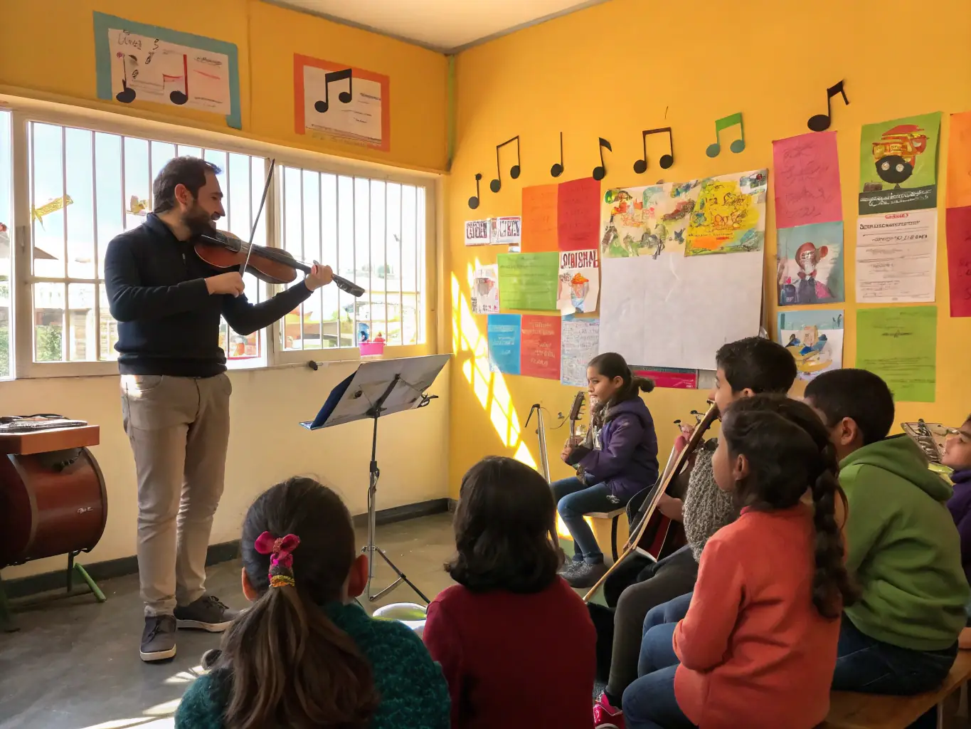 A photo of a music education workshop in progress, with instructors guiding students in various aspects of music theory and performance.