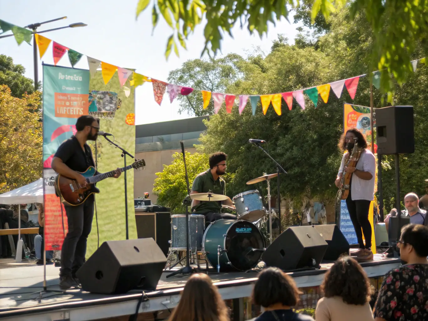 A vibrant image of a wind band performing outdoors during a community event, showcasing the energy and enthusiasm of the musicians.