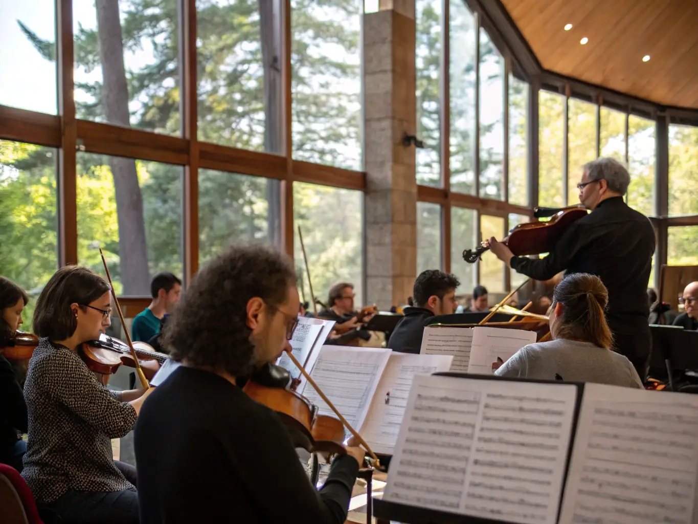 A dynamic image of musicians rehearsing indoors, focusing on the collaborative and focused atmosphere of the rehearsal space.