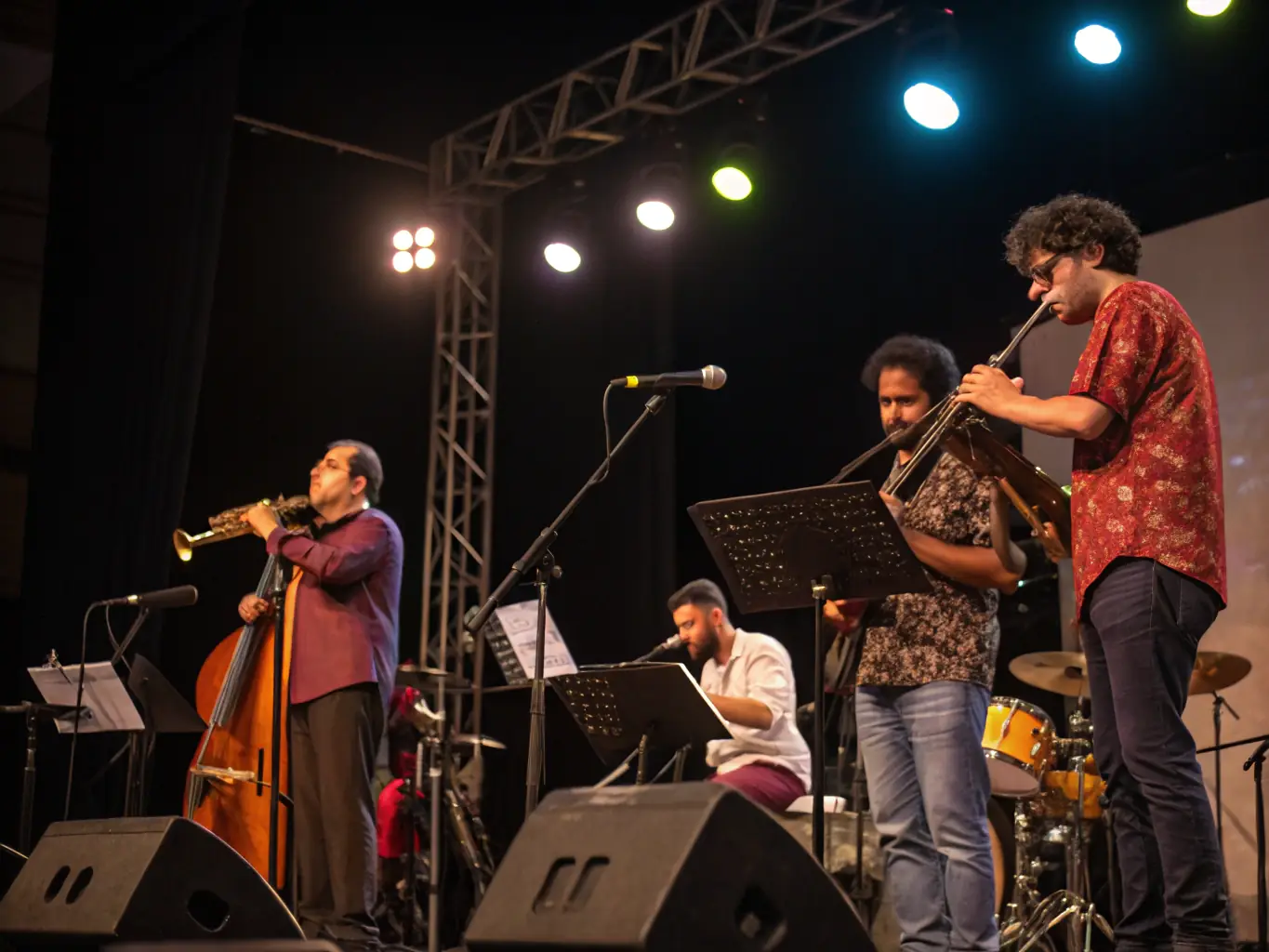 A vibrant image of musicians of LYRE DECAZEVILLOISE rehearsing in a large hall, focusing on their dedication and teamwork.